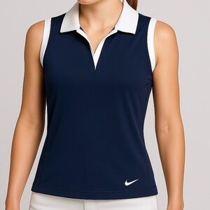 Nike Fit Dry Top Golf Tennis Shirt Sleeveless Vneck Collar Blue White Tr…